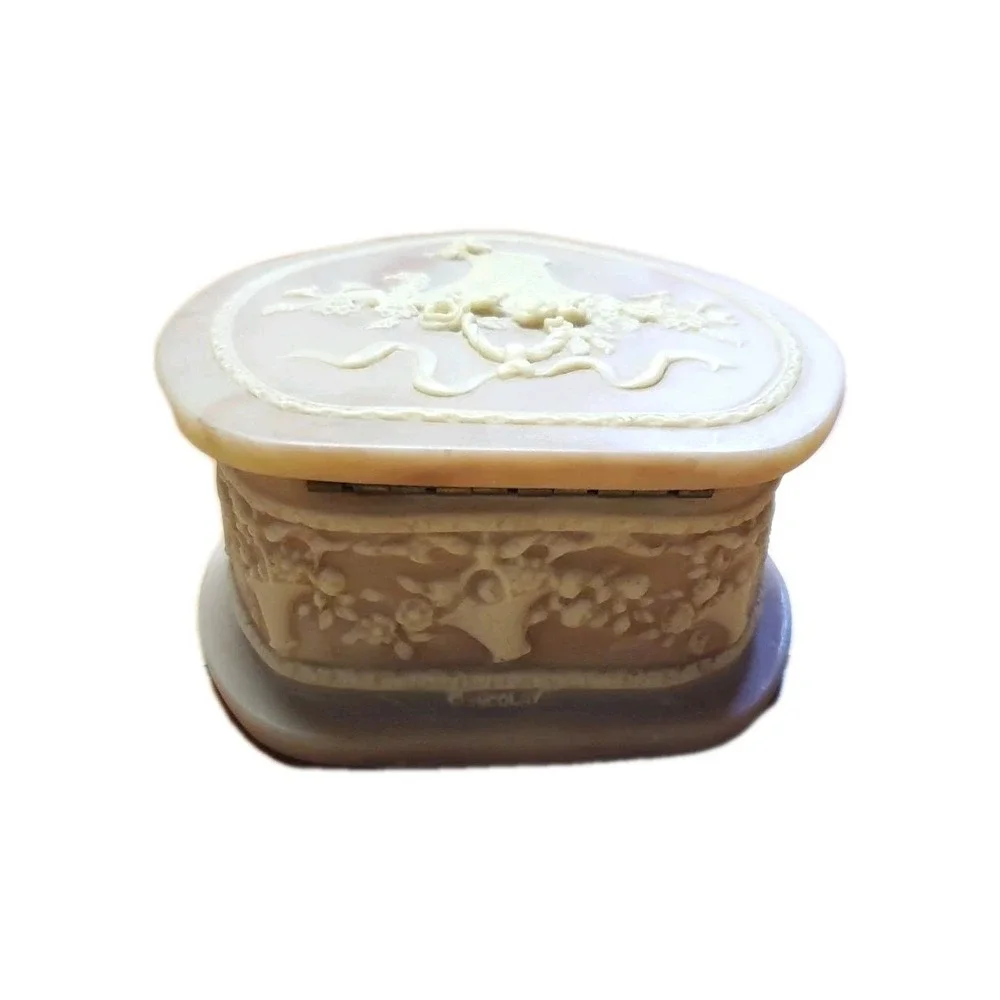 Genuine Incolay Stone Heart Shape Jewelry Trinket Box with Flower Basket Design